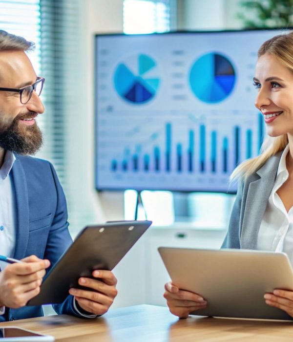 Business partners discussing project with charts on screen.